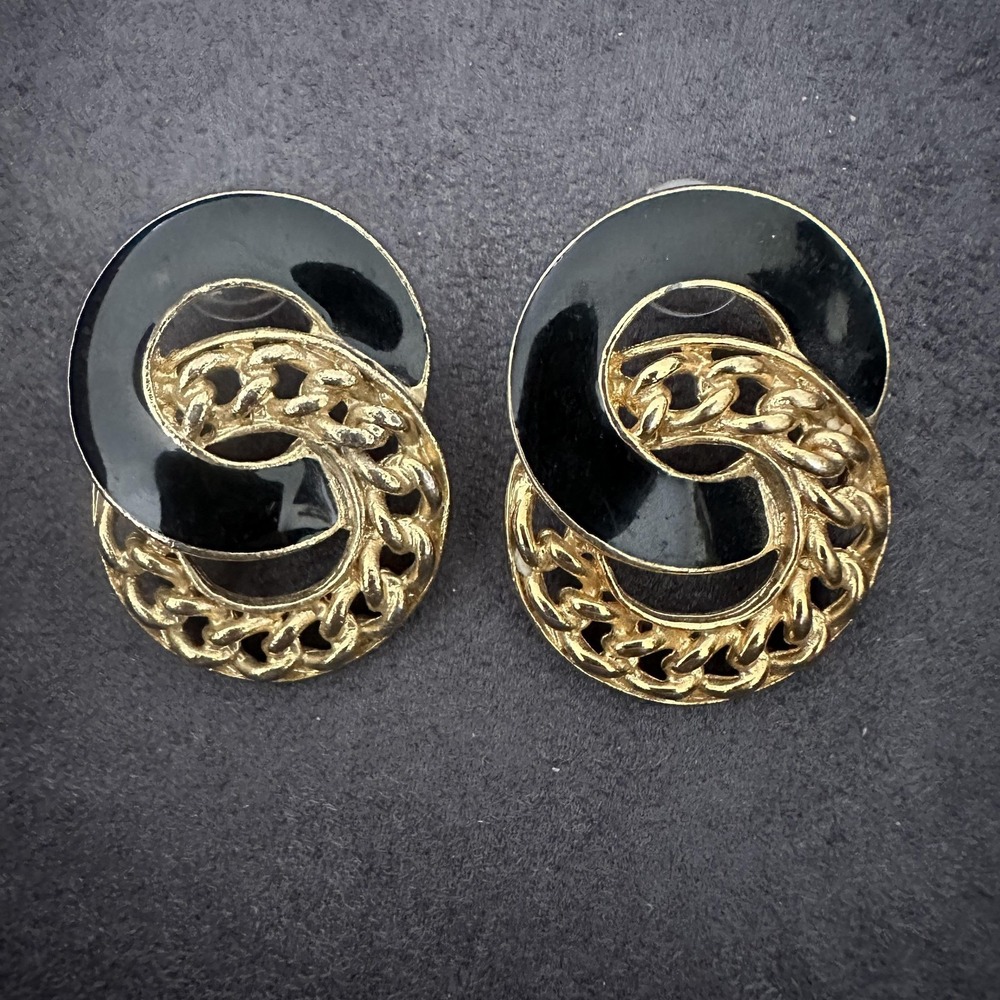 VTG Shiny Gold Tone Runway Black Enamel Stud Earrings Womens Round‎ Chain Link